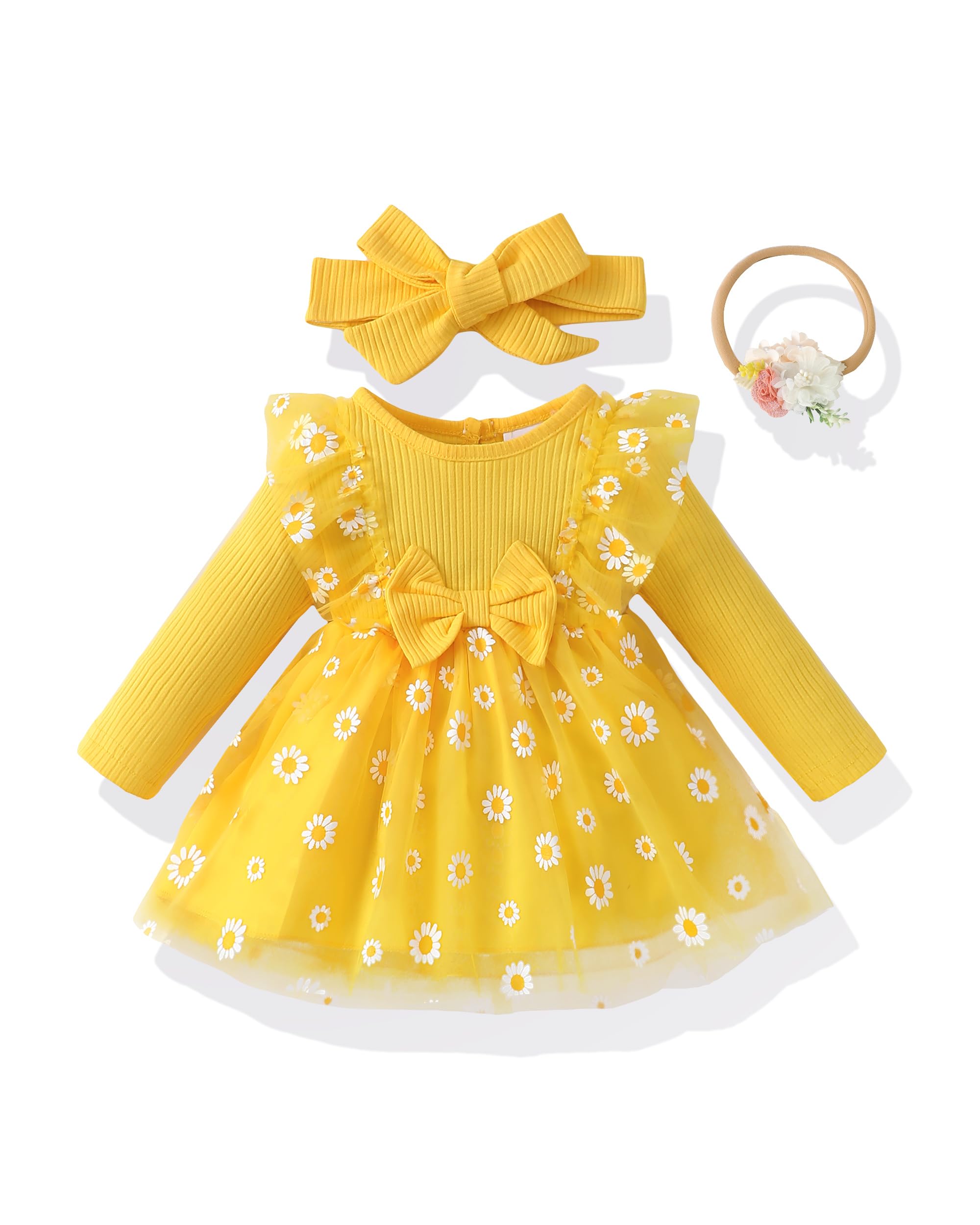 Photo 1 of Renotemy Newborn Baby Girl Tulle Tutu Dress Fall Winter Spring Yellow Daisy Fairy Baptism Princess Wedding Birthday Party Dresses for Girls with Flower Headband 0-3 Months
