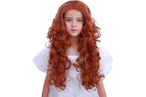 Edivd Orange Wig for Kids Children Long Dark Orange Wig Girls Orange Brown Curly Wavy Wig Heat Resistant Synthetic Wig with Wig Cap