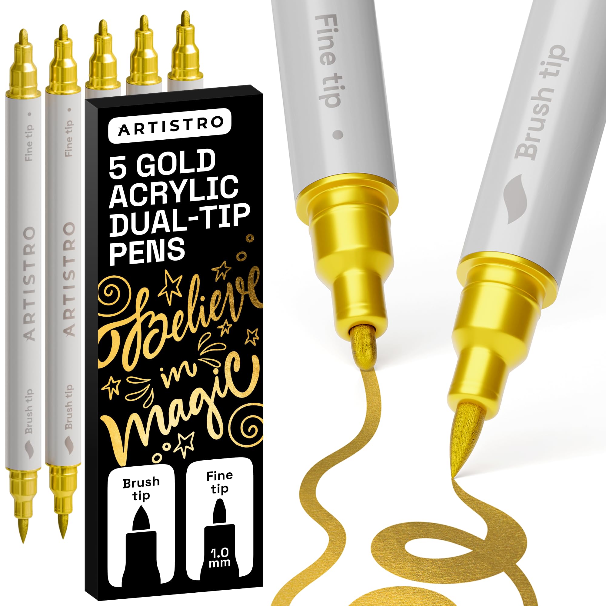 ARTISTRO 5 Gold Acrylic Paint Markers - Paint Pens Dual Tip Brush + Fine Ideal for Calligraphy - Perfect for Fabric, Rock, Glass, Wood, DIY - Art Supplies, Stocking Stuffers, Christmas Gift Idea