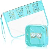 BuyCard 2 Pcs Swim Bag Cosmetic Makeup Bag with Chenille Letter Patch, Clear Pouch PVC Organizer Purse, Waterproof Travel Beach Bag, Portable Toiletry Storage Bag