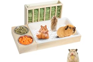 SANXHAMSTER 3 in 1 Rabbit Hay Feeder with Litter Box,Wooden Hay Feeder with 2 Bowls & Litter Box for Guinea Pig Chinchilla Bunny Other Small Animals,Large Capacity & Preventing Waste