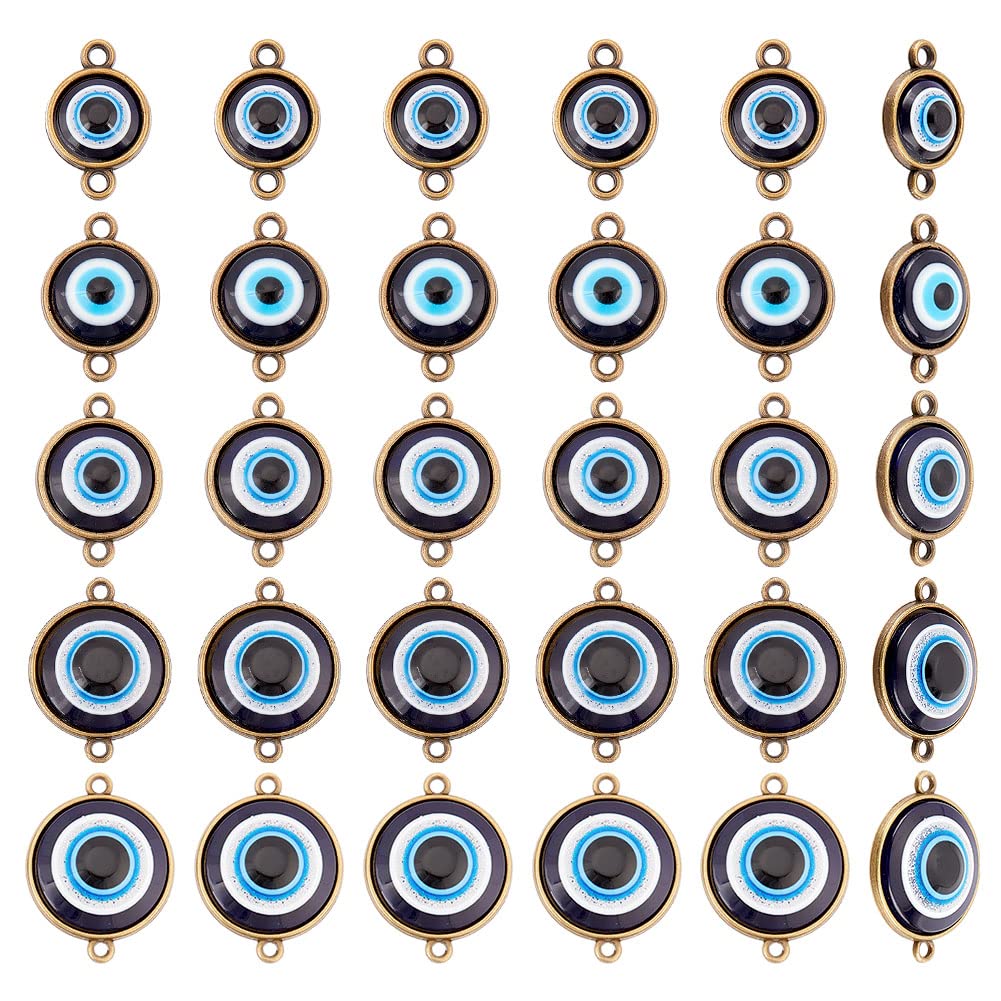 arricraft 30 Pcs Evil Eye Connector Charms, 5 Different Sizes Antique Bronze Evil Eye Alloy Hangings Flat Round Pendant for DIY Earrings Bracelet Decorative