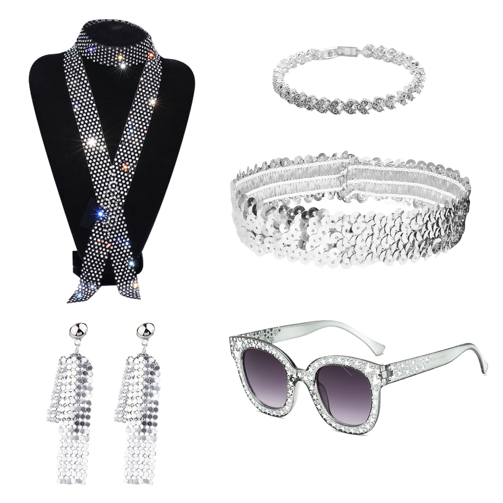 XNIVUIS 5 Pieces 70s Disco Accessories Black Sequin Scarf Necklace Bling Sunglasses Ear Accessories Headband Bracelet,1970s Disco Fancy Dress for Women Disco Party Retro 70 80 Theme Party (5 PCS)