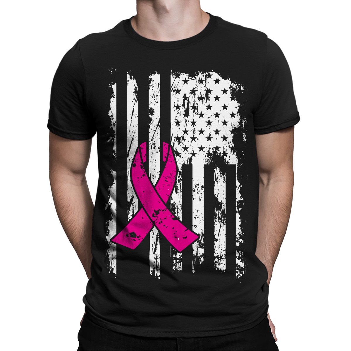 Apparel Breast Cancer Awareness Ribbon American Flag T Shirt 2778