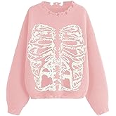 SHENHE Women's Oversized Skeleton Pattern Ripped Round Neck Sweater Pullover