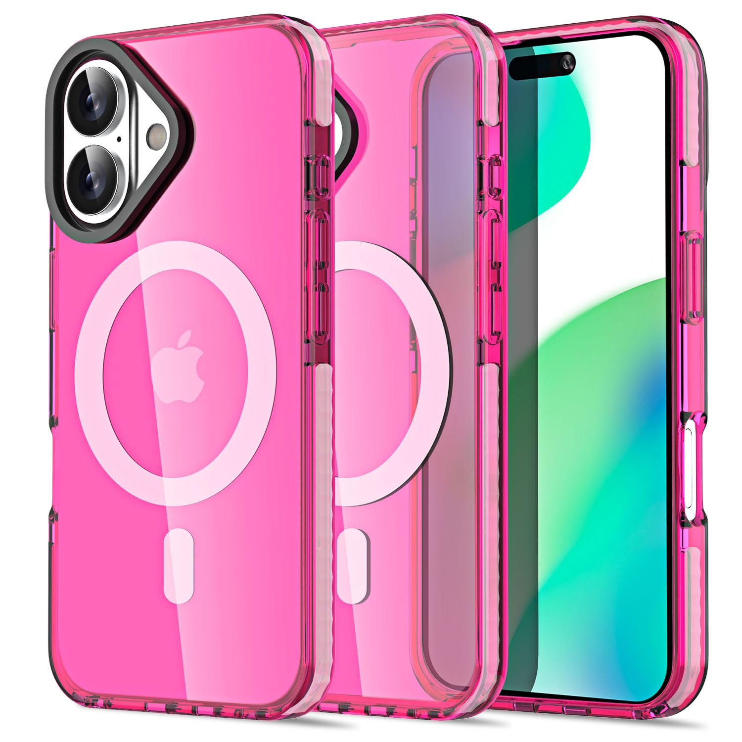 AICase Neon Hot Pink Clear Phone Case for iPhone 16 Compatible with MagSafe, Trendy Women Girly Aesthetic Magnetic Preppy Colorful Colored Cute Mag Safe Magnet Bright Protective Cover