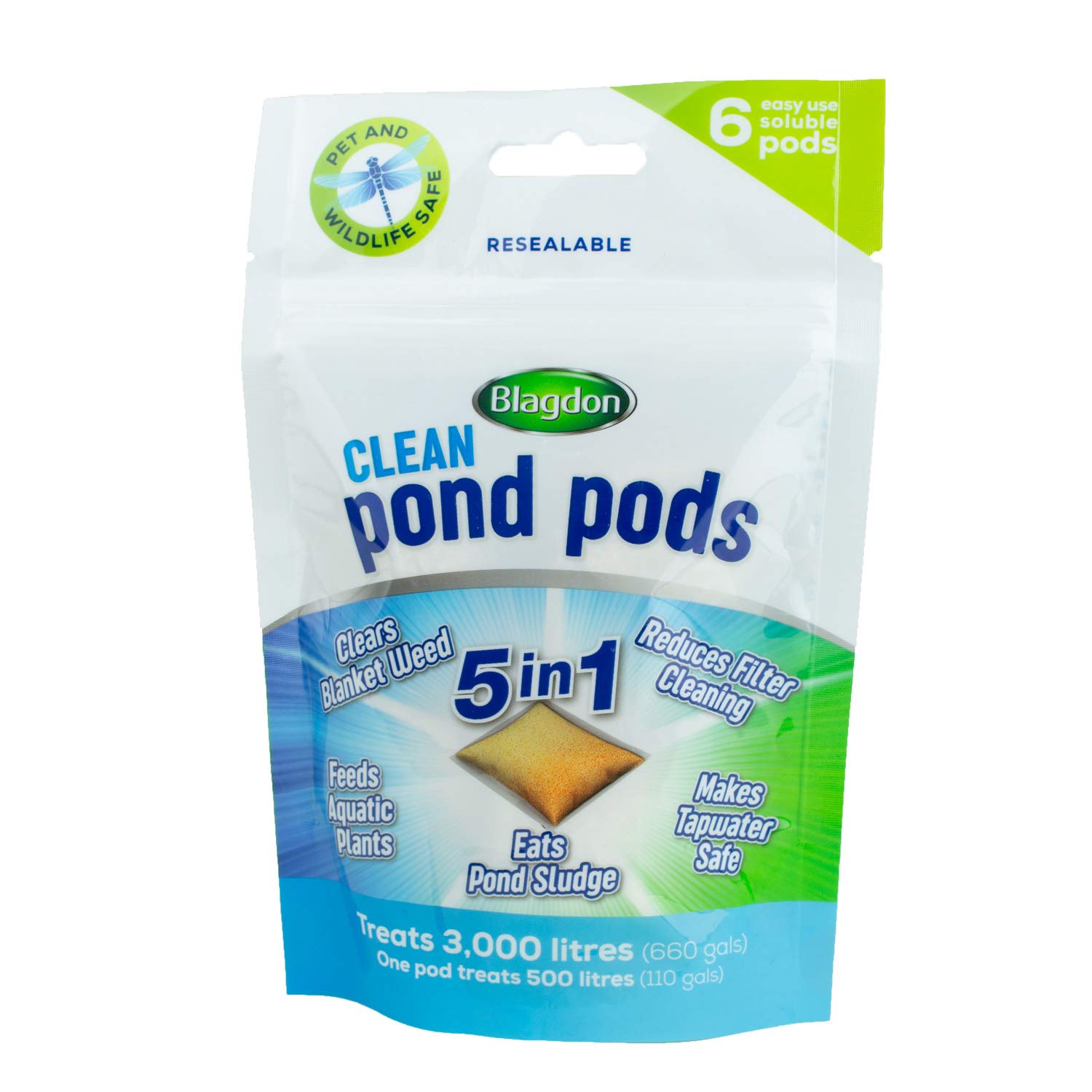 Blagdon Clean Pond Pods, Clears Blanket Weed, Reduces Filter Cleaning, Feeds Aquatic Plants, Eats Pond Sludge, Removes Chlorine, Makes Tap Water Safe, Pet & Wildlife Safe (pack of 6 pods)