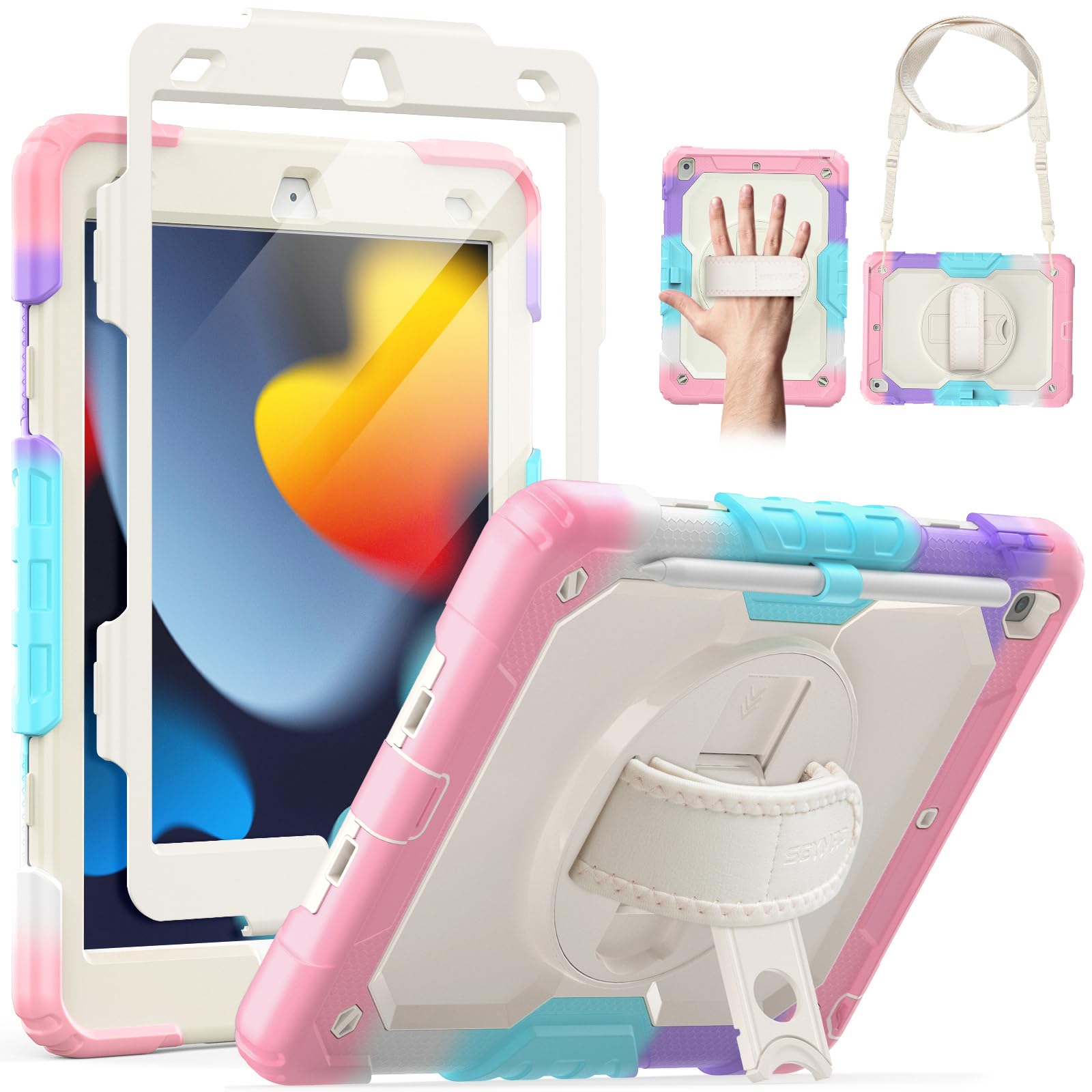 SEYMAC Case for iPad 10.2 inch iPad 9th/8th/7th Generation 2021/2020/2019, Shockproof Case with Screen Protector, 360 Degree Rotating Stand/Hand Strap, Pen Holder, Camo Pink