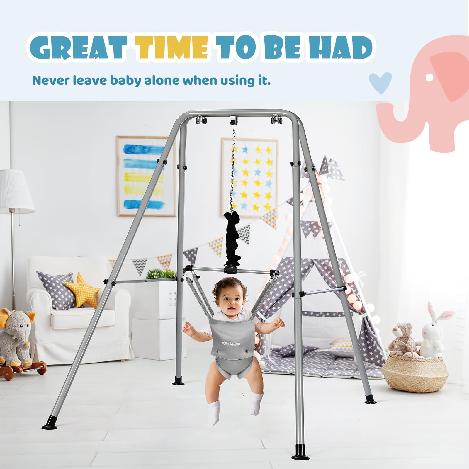 Cowiewie 2 in 1 Baby Jumper, with Strong Support Stand and Baby Walking Harness Function, Fun Activity for 6-24 Months Baby Infant, Gray
