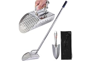 comincia Sand Scoop for Metal Detecting,Heavy Duty Metal Detector Accessories with Long Handle,Stainless Steel Handheld 2-in-1 Sand Scoops for Beach Metal Detecting