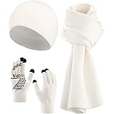 AWAYTR Women Winter Beanie Hat Scarf Gloves Set, 3Pcs Warm Knitted Hat Touchscreen Gloves Long Scarf for Cold Weather