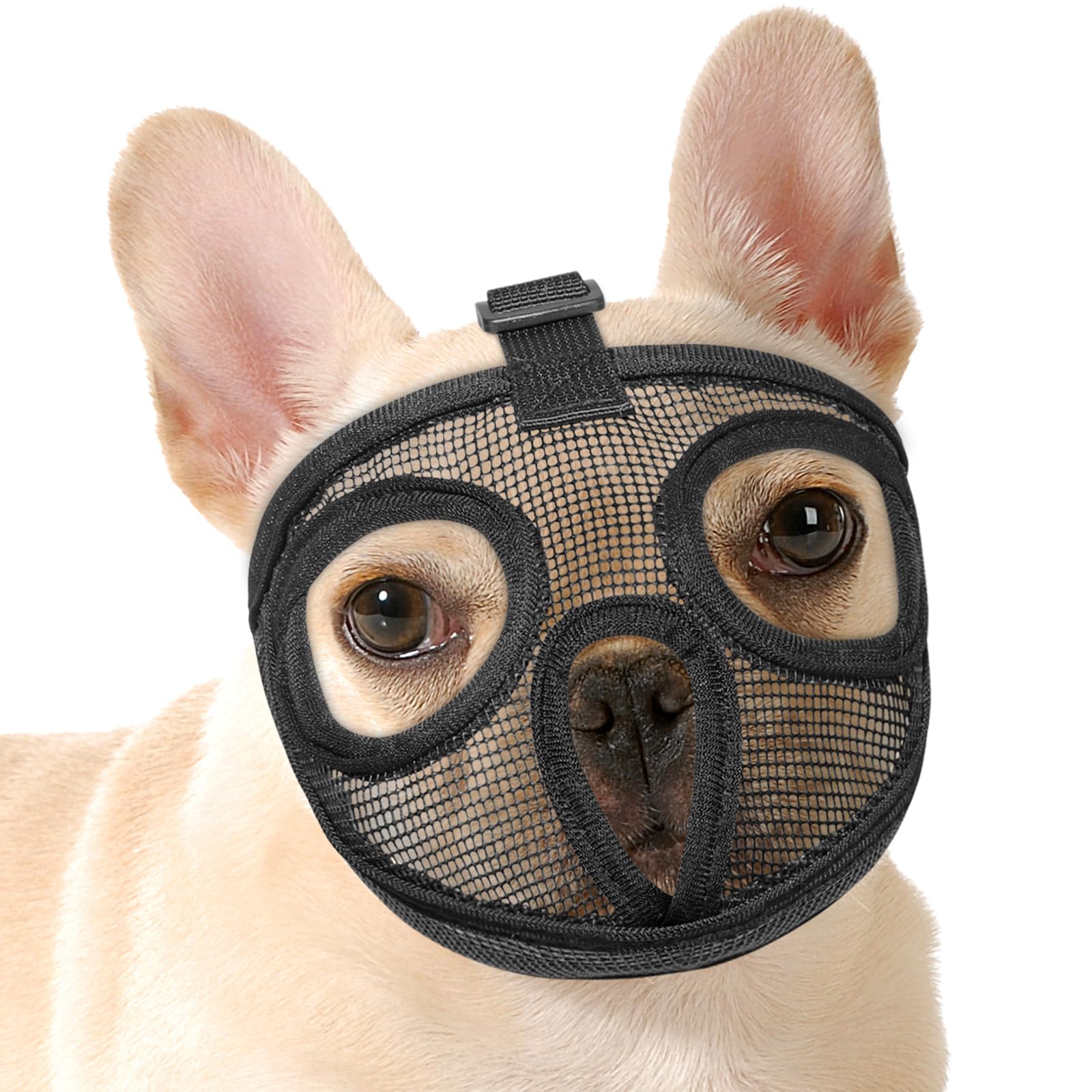Short Snout Dog Muzzle Adjustable Breathable Mesh Bulldog Muzzle for Biting Chewing Barking Training Dog Mask Black (Basic, M)