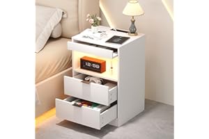Yusong LED Nightstand Bedside Table with Charging Station 2 Drawers, White Modern Sofa Couch End Side Table with LED Lights a