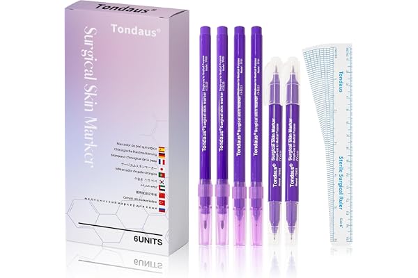 TONDAUS 6Pcs Professional Surgical Tip Skin Marker Pen Purple Ink Stencil Markers Pen with Paper Ruler for Eyebrow, Tattoo Sk