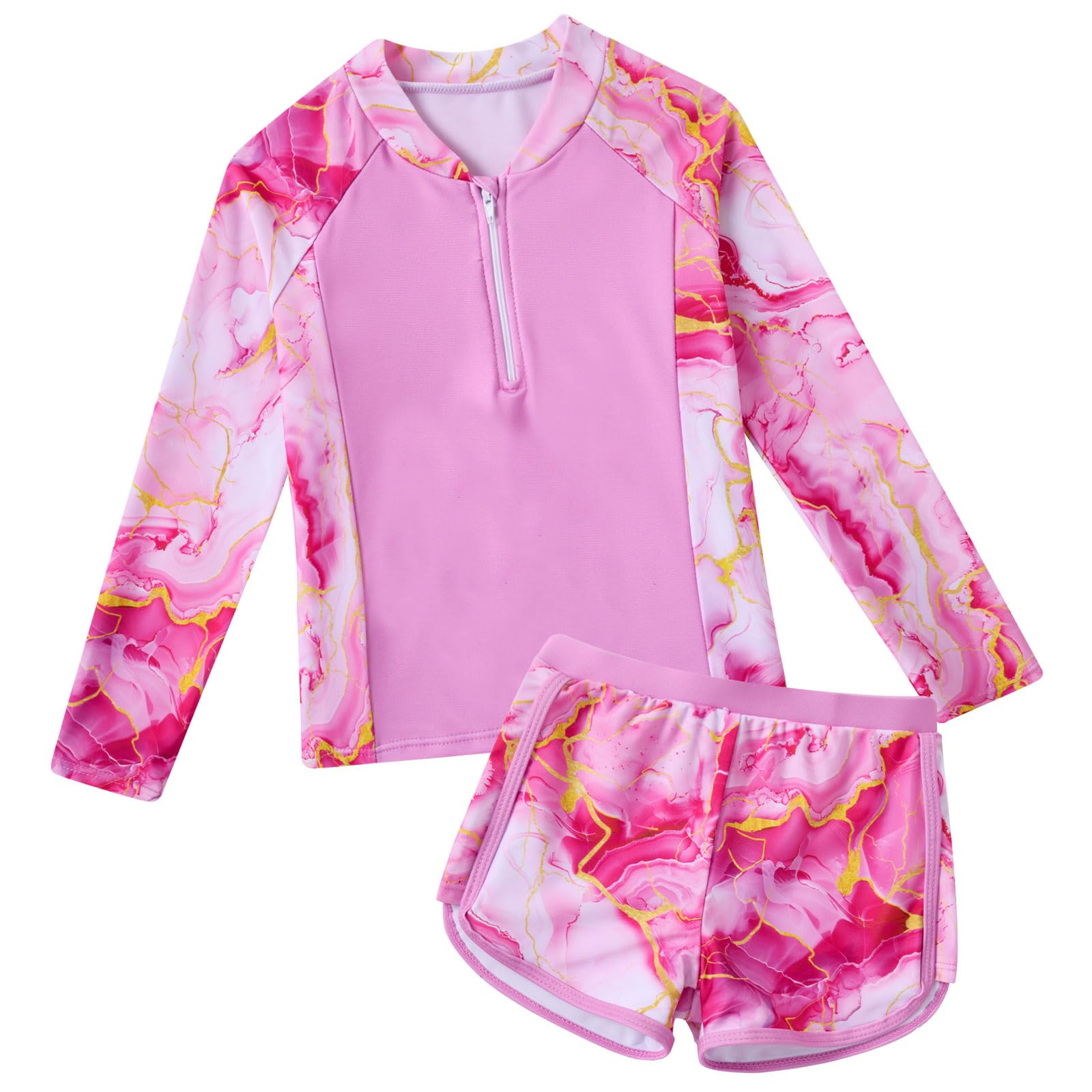 Photo 1 of 5-6 Year Girls Rashguard Bathing Suits for Girl 5T 6T Pink Marble Two Piece Swimsuits with Shorts Sun Protection Long Sleeve Half Zipper Swimming Suit