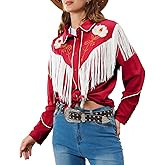 JOHN MOON Women's Floral Embroidered Fringe Western Shirts Rodeo Cowgirl Button Down Blouse Tops Country Style Outfits