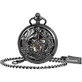TREEWETO Men's Mechanical Skeleton Pocket Watch Phoenix Dragon Hollow Black Case with Chain + Box Gift for Man