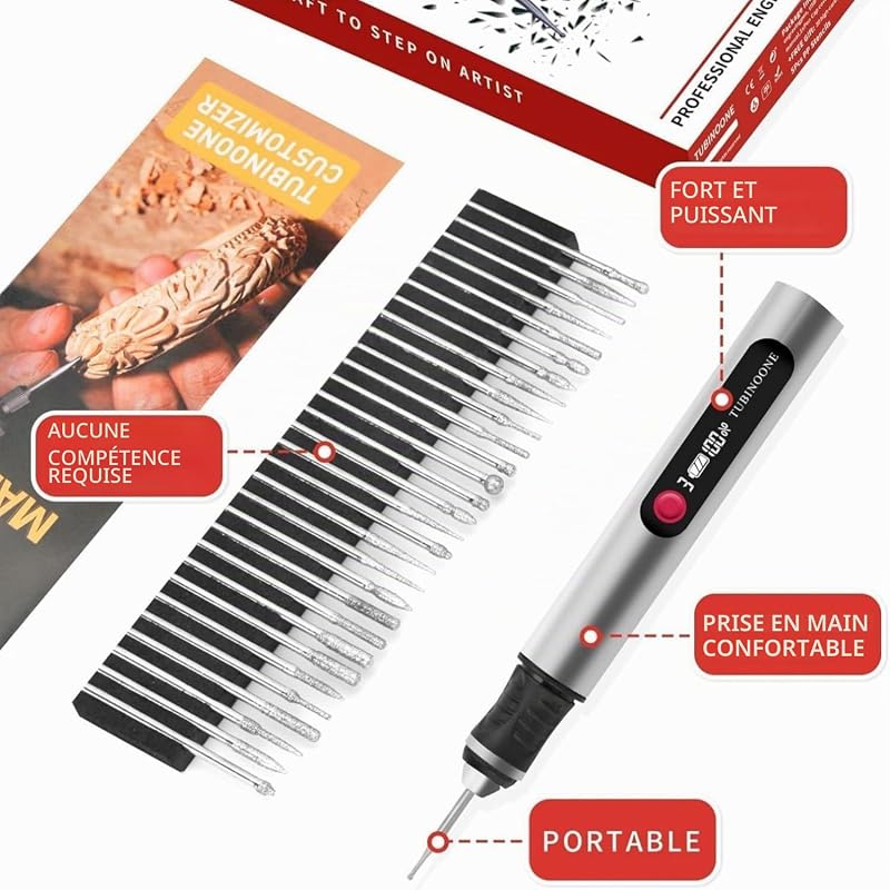 Stylo de gravure portable sans fil ultime pour artistes et amateurs de bricolage - Gravure sur plus de 50 surfaces - Convient aux débutants - Rechargeable - Comprend 30 embouts et