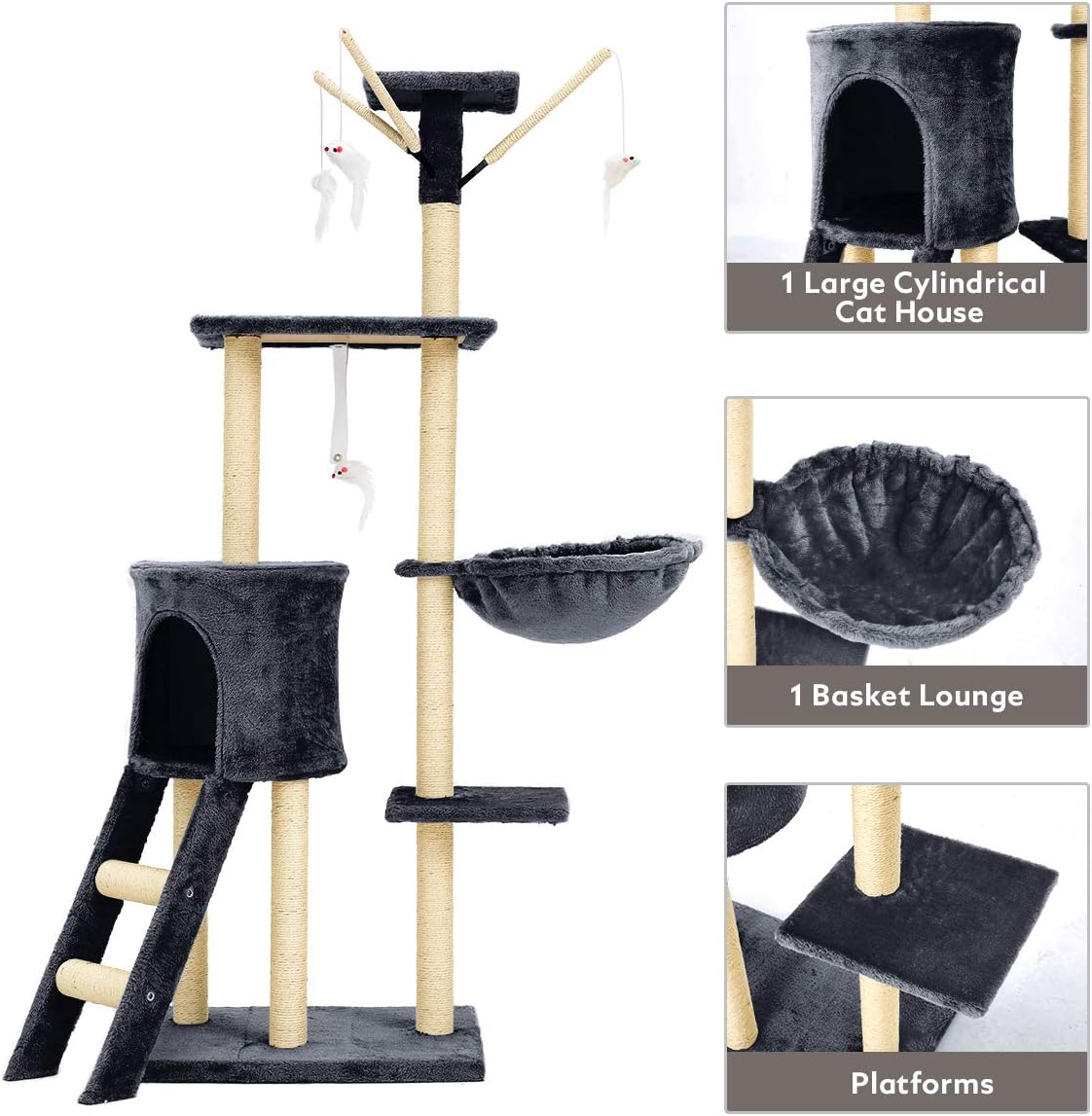 Mellcom Cat Tree Condo with Scratching Posts Perches, Cat Basket Lounger and Ladder, 56" Multi-Level Deluxe Cat Tower Kitten Play House (Grey) : Pet Supplies