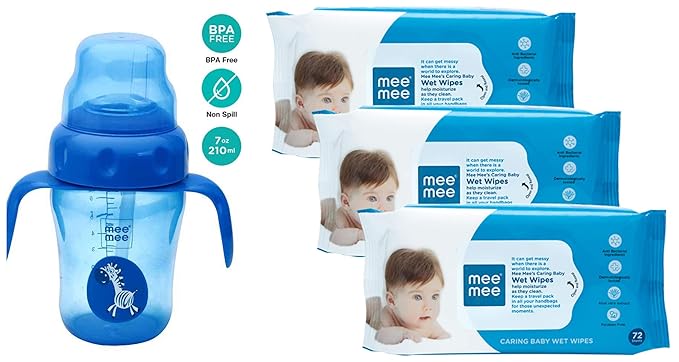 Mee Mee 210ml 2 in 1 Spout and Straw Sipper Cup (Blue) & Caring Baby Wet Wipes with Aloe Vera (72 pcs/Pack) (Pack of 3) Combo