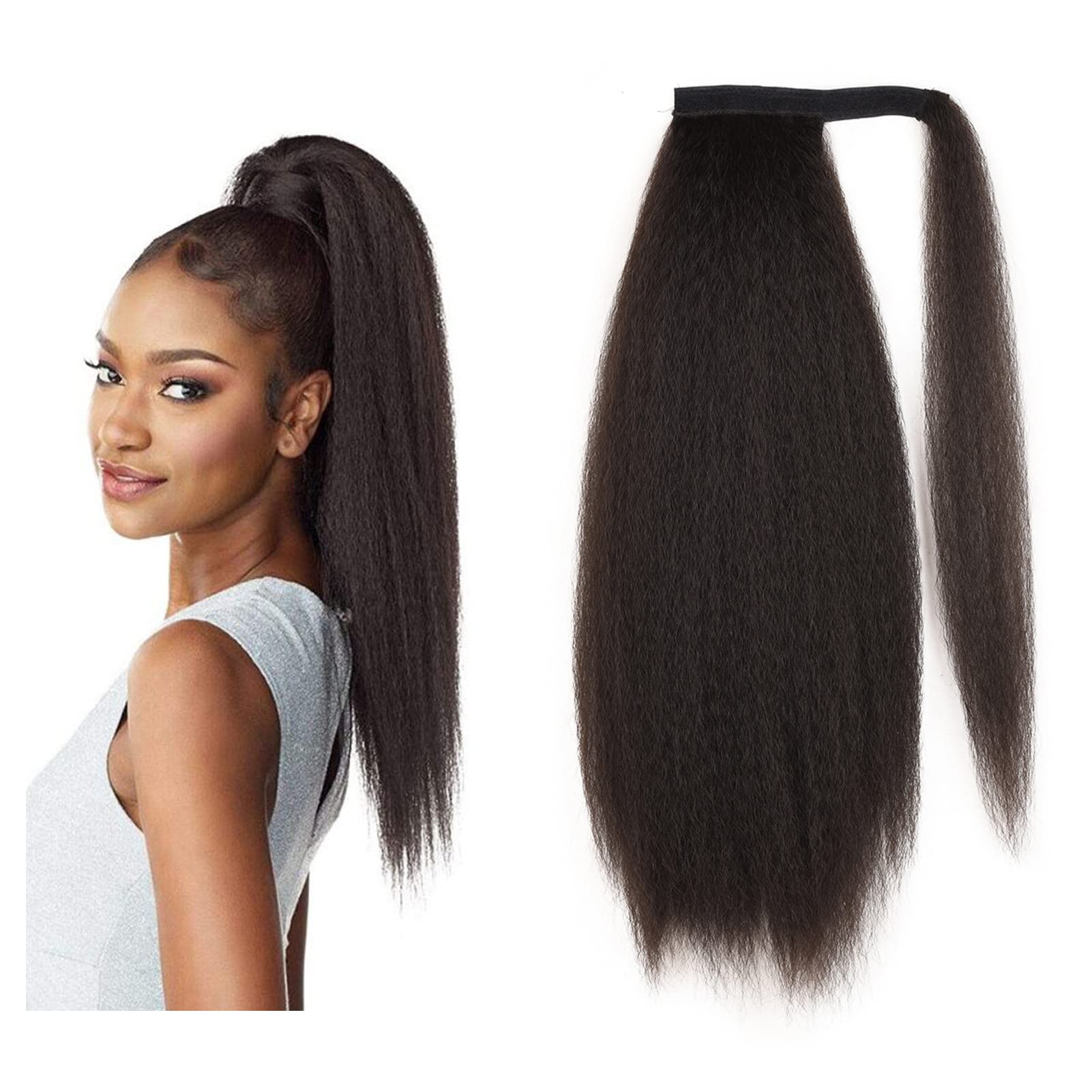 Long Afro Kinky Straight Ponytail Wrap Around Yaki Straight Pony Tails Extensions, Clip in Ponytail Extension, Magic Paste Ponytail for Black Women, Girls (#4/black brown)