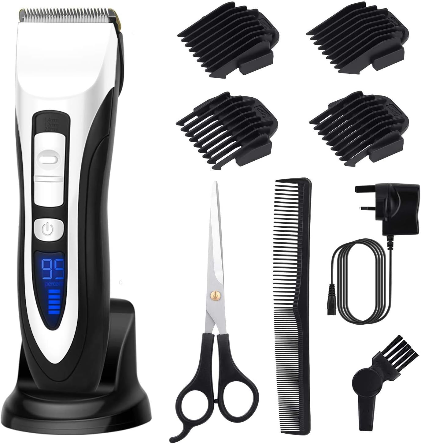 Hair Clippers Set for Men Beard Trimmer Men LCD Digital Display Cordless Hair Trimmer Ceramic Blade with Base Scissor(White)