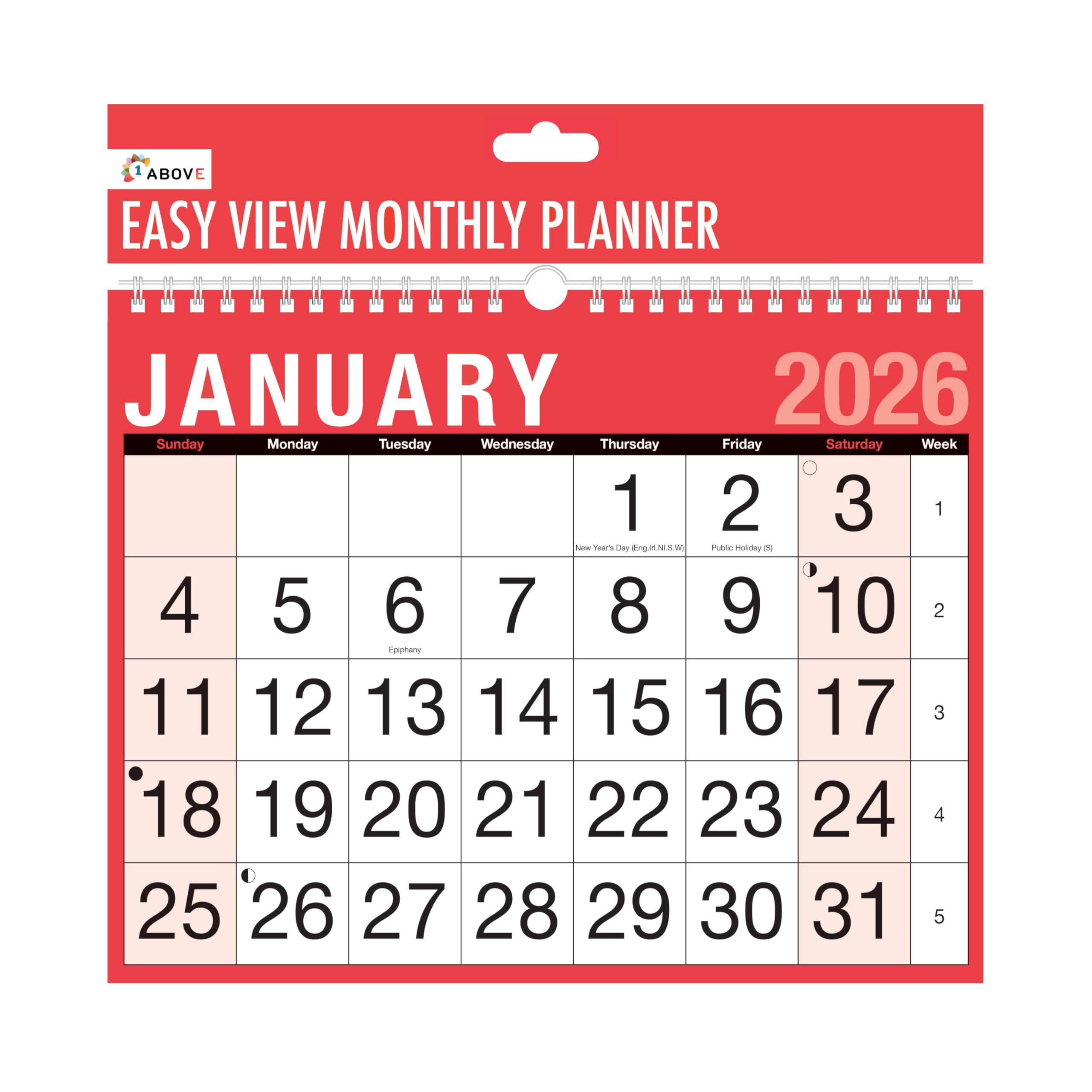 2026 Easy View Wall Planner Calendar – Spiral Bound Year Organiser with Holidays & Notable Dates – Large Monthly Planner for Home, Office, School or Business