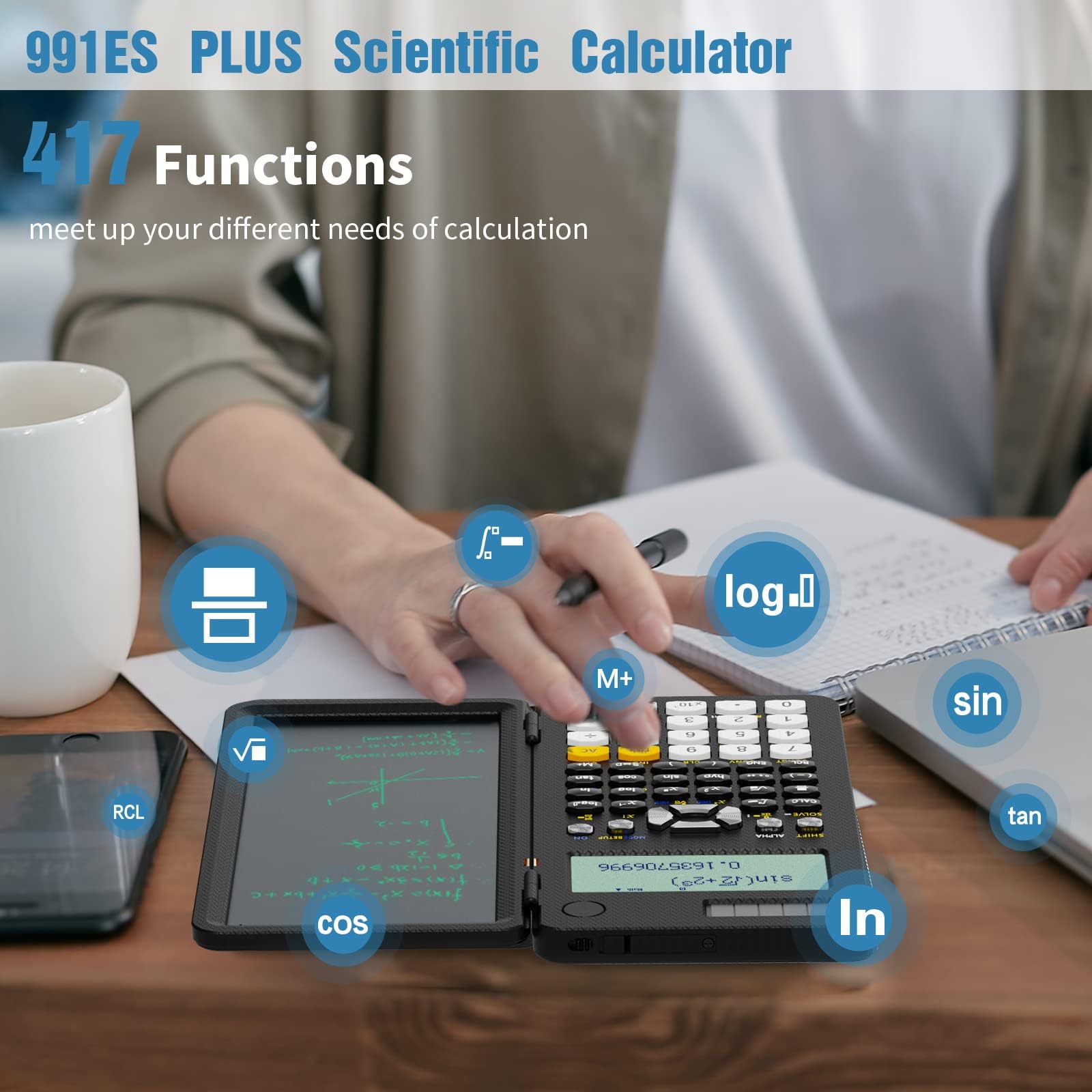 Scientific Calculators for Students 991ES Office Calculators Desktop, ROATEE 4-Line Display Calculator with Erasable LCD Writing Tablet, Solar Battery Power with Notepad Calculator for School