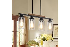 YUSIST Dining Room Light Fixture Over Table,Farmhouse 4-Light Kitchen Island Lighting,Modern Wood Chandeliers for Dining Room with Adjustable Height,Industrial Black Kitchen Pendant Hanging Lights