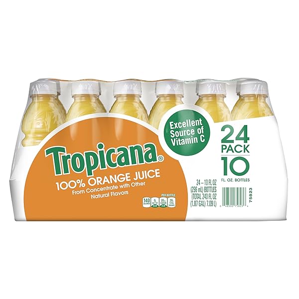 TROPICANA 100% ORANGE JUICE, SINGLE SERVE, 10 FL OZ BOTTLES (PACK OF 24) – REAL FRUIT JUICE, VITAMIN C RICH, NO ADDED SUGARS, NO ARTIFICIAL FLAVORS