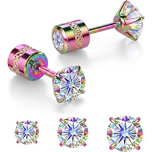 3 Pairs Moissanite Flat Back Stud Earrings for Women Men, 3mm 4mm 5mm Hypoallergenic Stainless Steel Spiral Screw Back Earrin