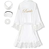 EPLAZA Bride Robe for Wedding Day Set Bridal Robe Lace Trim Silky Embroidery Satin Kimono for Bridal Party