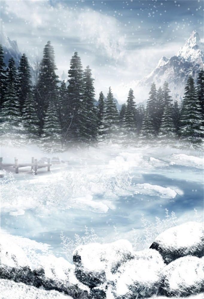 Amazon Com Laeacco Vinyl 5x7ft Photography Background Winter Outdoor Nature Scenery Frozen Lake Heavy Snow Pine Trees Misty Sky Mountains Scene Fantasy Christmas New Year Portraits Shooting Video Studio Props Camera