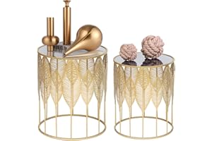 Joveco Gold Nesting Round Side End Tables Set of 2- Coffee Tea Table Mid Century Night Stands for Living Room Bedroom Outdoor (Gold Leaves Style)
