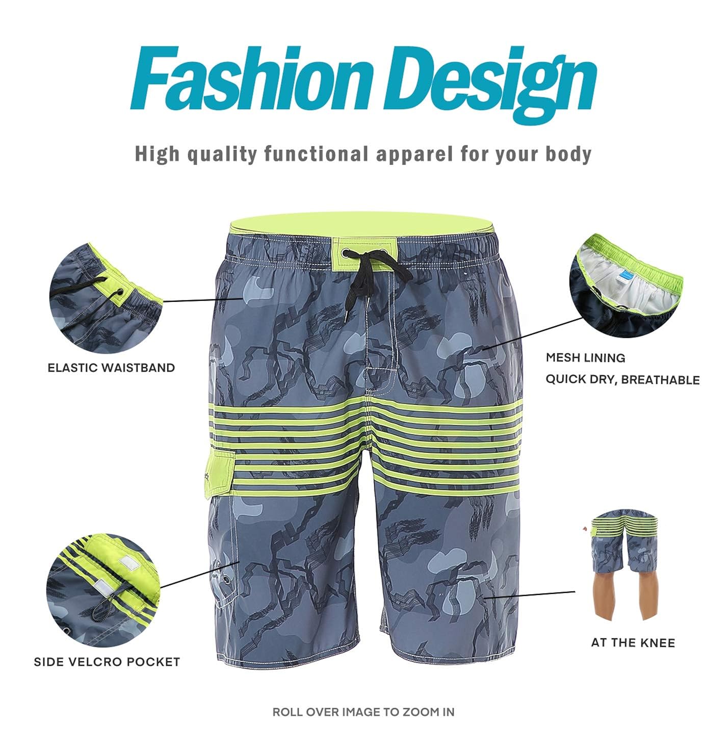 Meegsking Mens Quick Dry Stripe Beach Board Shorts Elastic Waist Swim Trunks with Mesh Lining