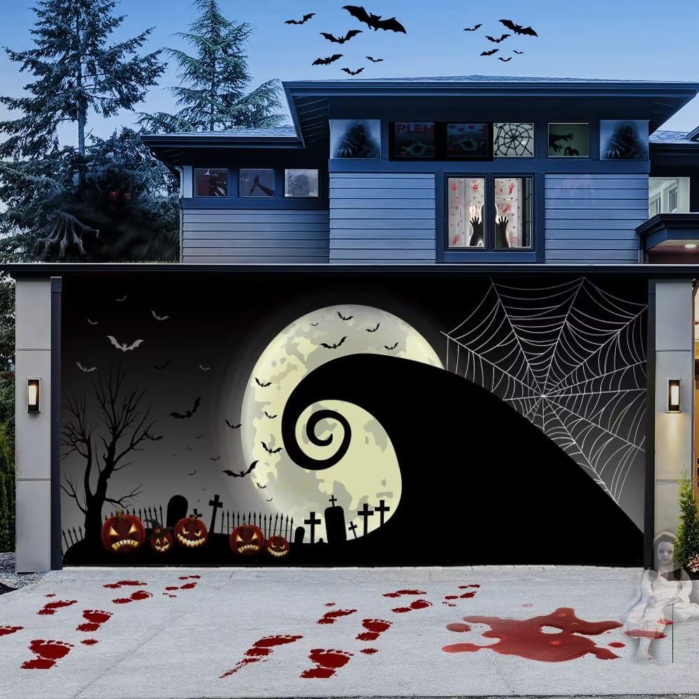 Garage Door Decorations - 7 x 16 ft Halloween Garage Door Cover Banner Ultra Large Halloween Banner Cover Murals Horror Bloody Party Pumpkin Handprints Ghost Haunted Halloween Garage Door Banner Decorations Indoor and Outdoor