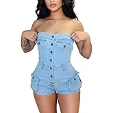 SEMATOMALA Womens Tube Denim Romper Bodycon Strapless Cargo Shorts Summer Stretch Jean Jumpsuit Clubwear