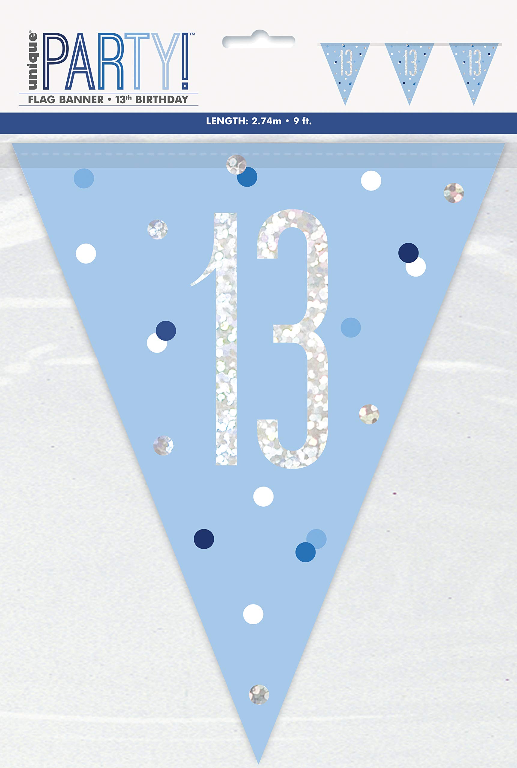 Unique 83435 Blue Dots Prismatic Birthday Plastic Pennant Banner, 9 Ft 1 Pc, Age 13