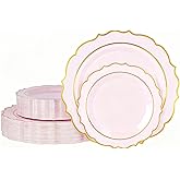 Ciselure 120PCS Pink Plastic Plates, Disposable Elegant Party Plate with Gold Rim, Heavy Duty 60 Dinner and 60 Dessert Fancy Plates for Party and Wedding