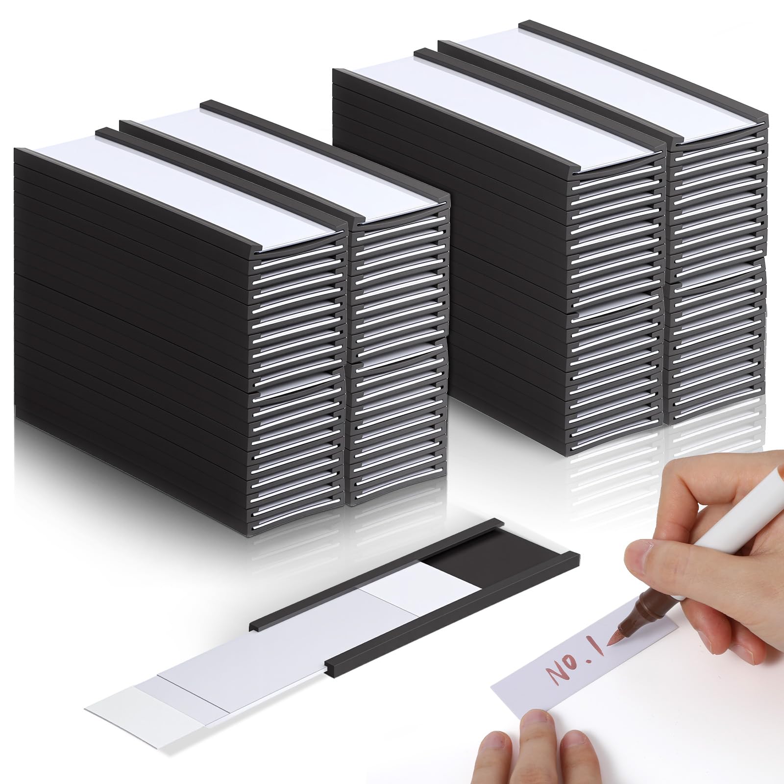 Photo 1 of 100 Pack C Channel Magnetic Label Holders, 1"x 3" with Paper Inserts and Clear Plastic Protectors, Reusable Magnetic Name Tags for Locker Shelf, Tool Box, Home, Office, Refrigerator, Whiteboard