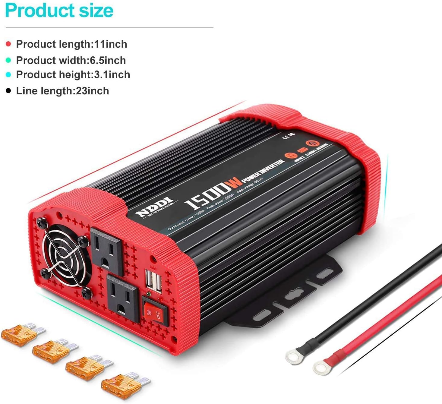 NDDI 1500W Car Power Inverter 12V DC to 110V AC Car Converter Charger Adapter with Dual 3.1A USB Port and AC Outlets Quick Charging: Automotive