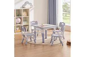 GITAWUSA Kids Study Table and Chairs Set, Height Adjustable Toddler Table and Chair Set for Kids Ages 3-8, 23.6" L x 23.6" W Graffiti Desktop Plastic Children Art Table with 4 Seats, W-Grey