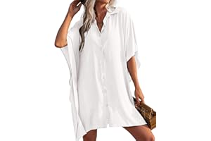 Ekouaer Women's Swimsuit Cover Up 3/4 Sleeve Beachwear Bikini Coverups Button Down Oversized Cover Up Shirt S-3XL