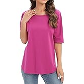 Summer Tops for Women Fashion Loose Fitting Mid Sleeve Crewneck Cotton T Shirts