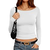 Mousnipy Women's Dressy Casual Boat Neck Tops Long Sleeve T Shirts Fall Basic Tops Slim Fit