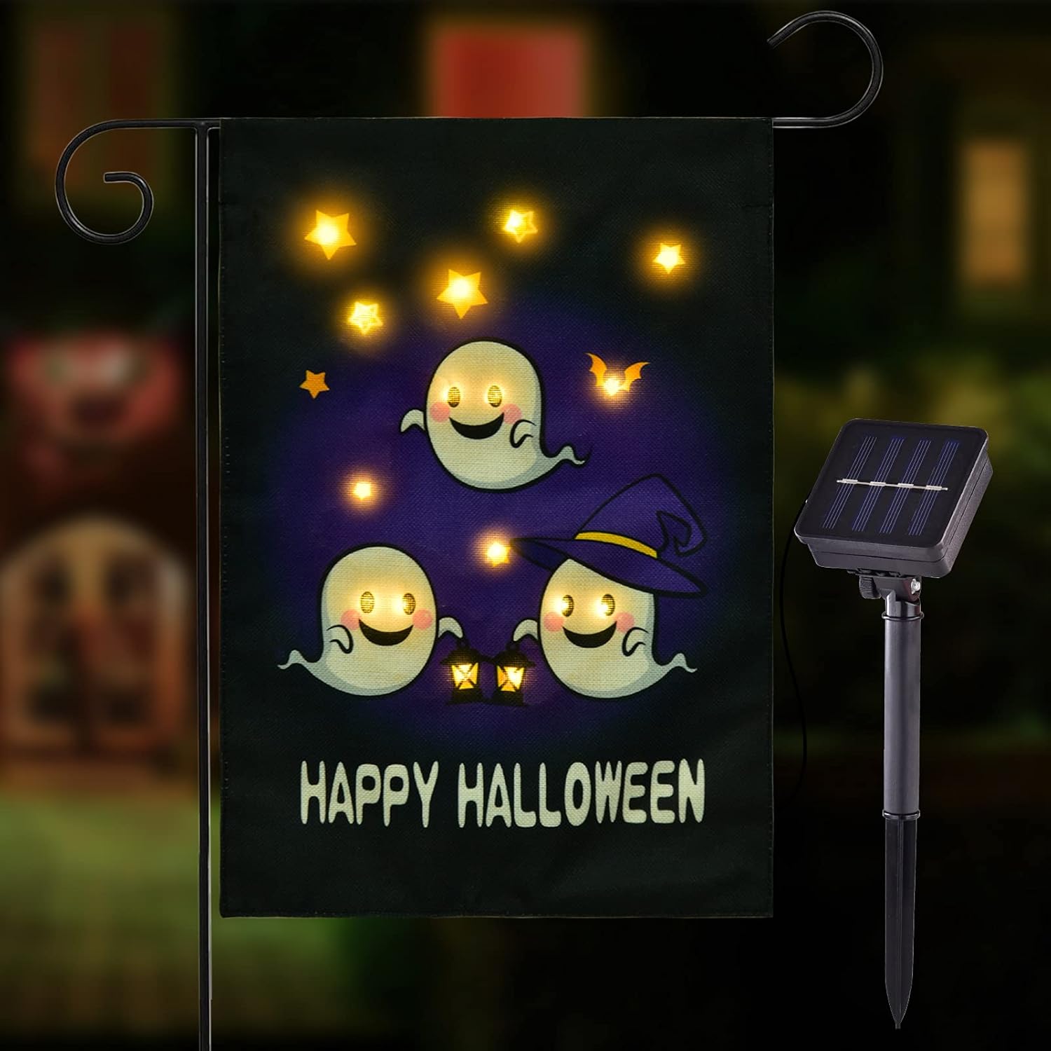 Flags - JUSHEN Halloween Garden Flag, LED Lighted Garden Flag Double Sided Funny Ghost Garden flag, Vertical Halloween House Flag for Outdoor Yard Garden Decoration(12x18 Inch)