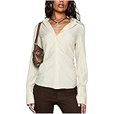 Women Slim Fit Button Down Striped Shirt Long Sleeve Fitted Button Up Shirt Vintage Y2K Pinstripe Collared Blouse