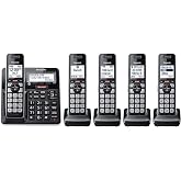 Panasonic Cordless Phone, 5 Handsets Link2Cell, Landline Phone for Home | Home phone with answering machine, bluetooth landline phone with 5 handsets, Black &amp; Silver, KX-TGF975B