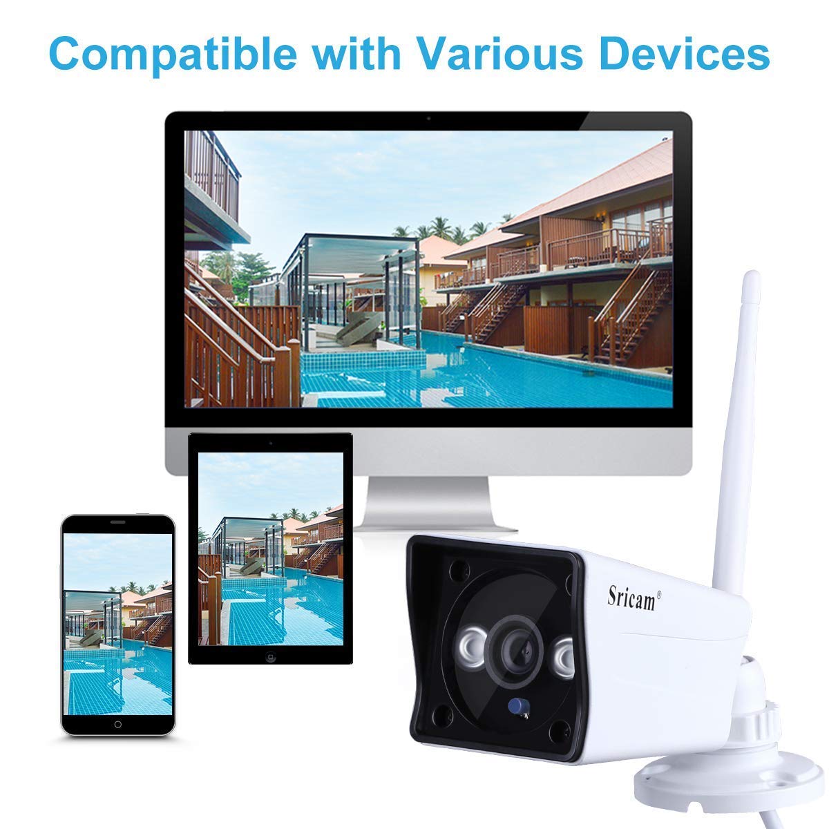 Sricam Caméra IP HD 1080p sans Fil Etanche Vision Nocturne Caméra de sécurité WiFi ONVIF IR-Cut Support Détection du Mouvement Alarme Mail/Téléphone Accès à Distance PC Phone P2P Blanche