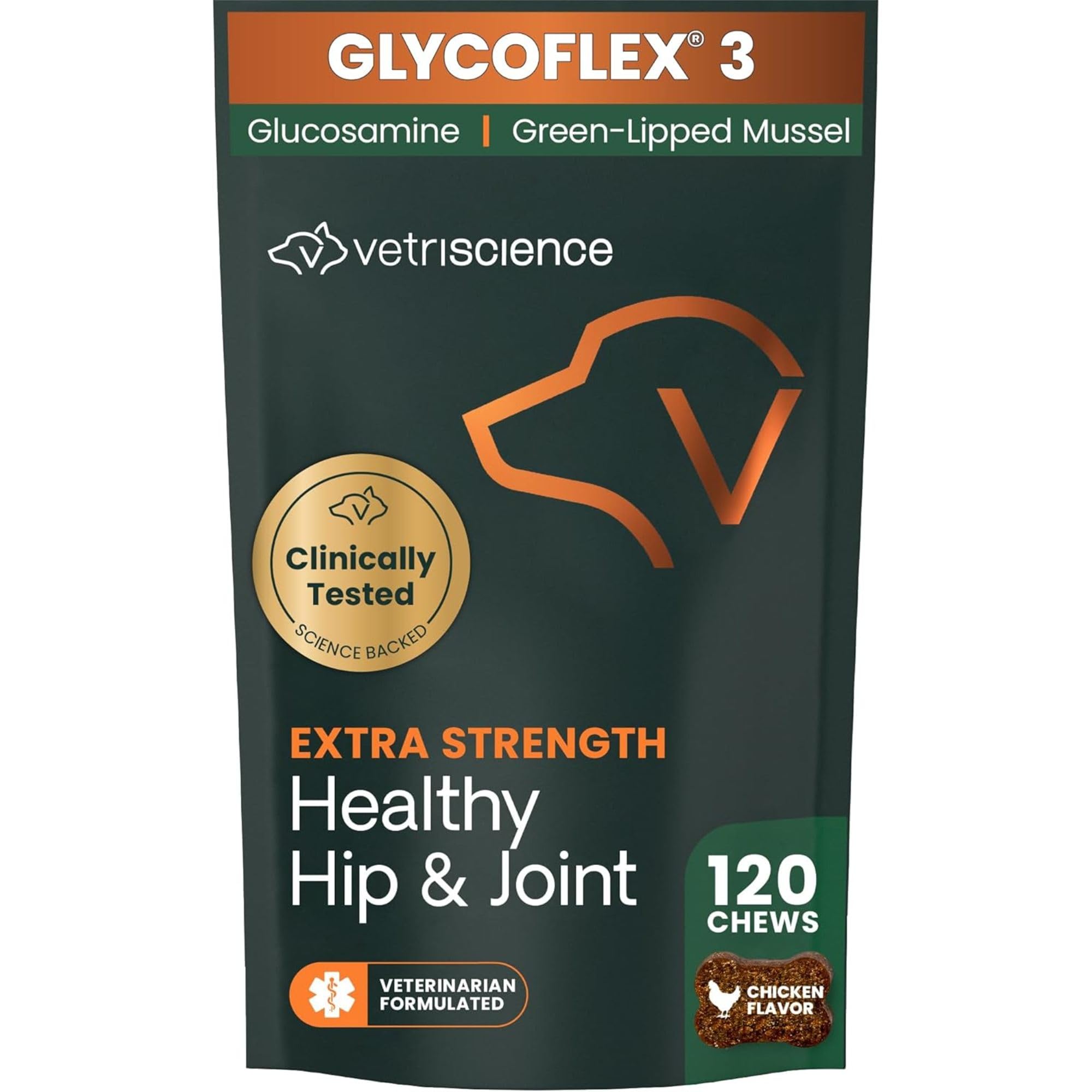 VetriScience Extra Strength Healthy Hip & Joint Chews, GlycoFlex 3, Glucosamine, Green-Lipped Mussel, Joint Support Supplement for Dogs, Promote Mobility & Soothe Joint Discomfort, Chicken, 120 Count